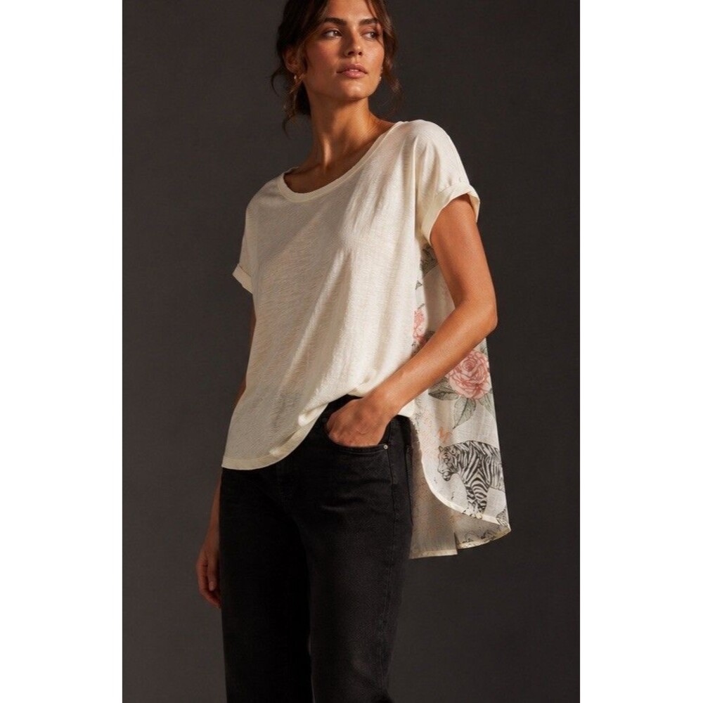 Pilcro Anthropologie Tiger Rose Graphic Back Tee Cotton Top S Ivory